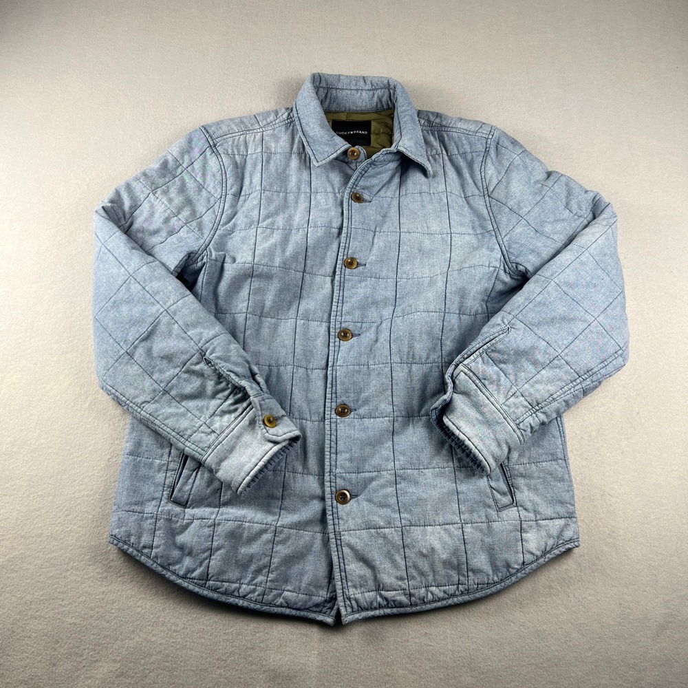 Lucky Brand Quilted Shirt Jacket Mens Medium Blue Cotton Linen Workwear Shacket